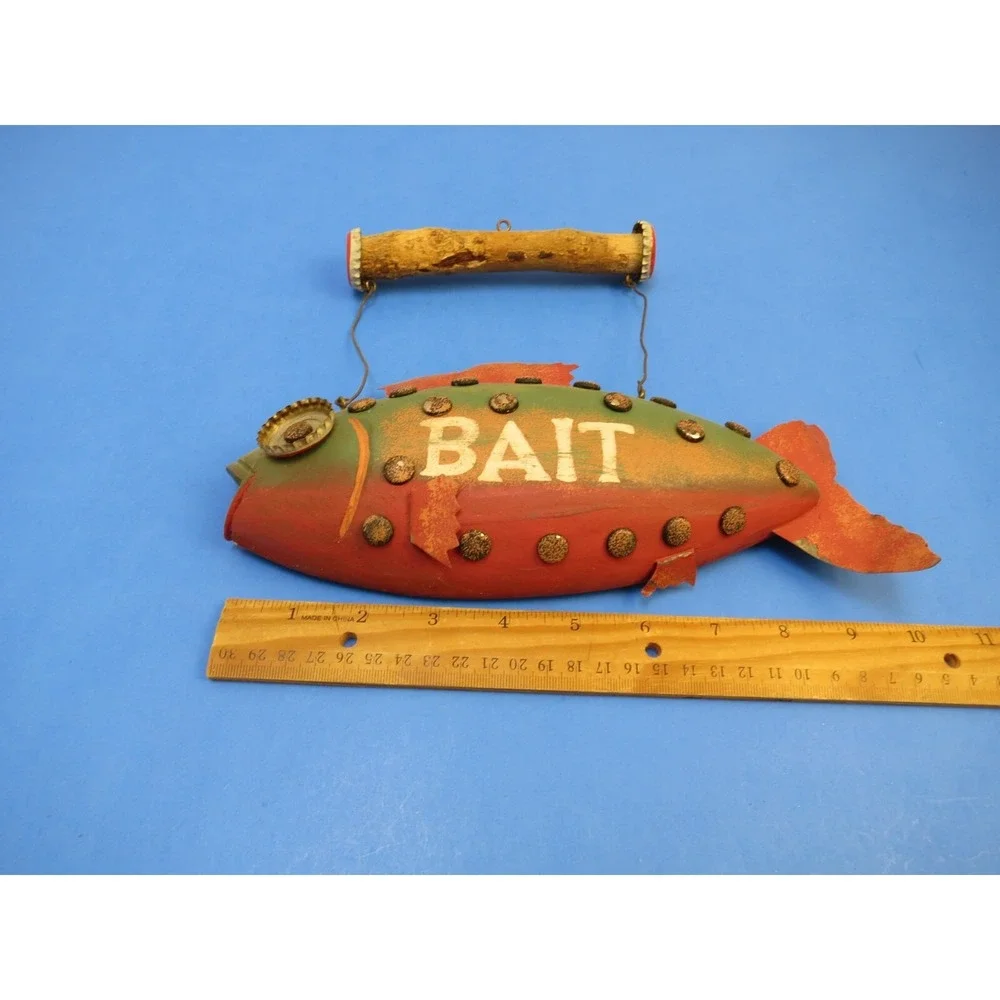 Vintage Hanging Wood Fish Bait Sign Beer Bottle Cap Folk Art